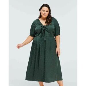 Elegant Dark Green Satin Polka Dot Midi Dress
